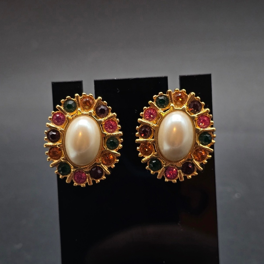 Avon Colorful Rhinestone Faux Pearl Earrings Oval Gold Tone Vintage